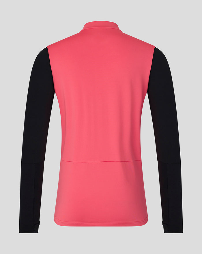 Back view of the Rangers FC training quarter zip top showing coral body and black sleeves.