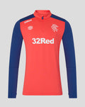 Front view of Rangers FC 2026/27 Pro Training Quarter Zip top in cayenne red with navy sleeves and white 32Red sponsor logo.
