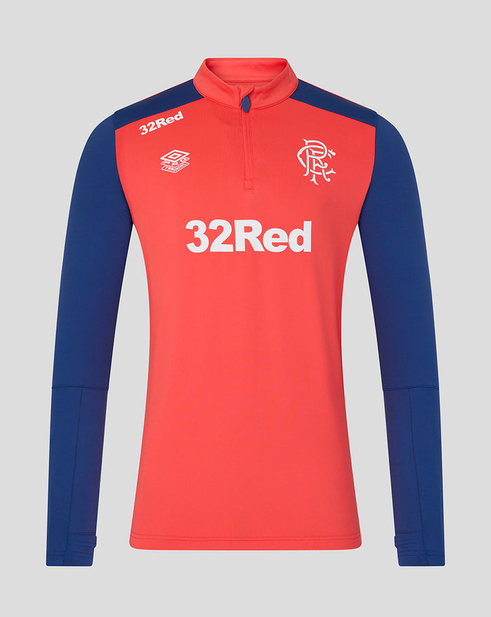 Front view of Rangers FC 2026/27 Pro Training Quarter Zip top in cayenne red with navy sleeves and white 32Red sponsor logo.