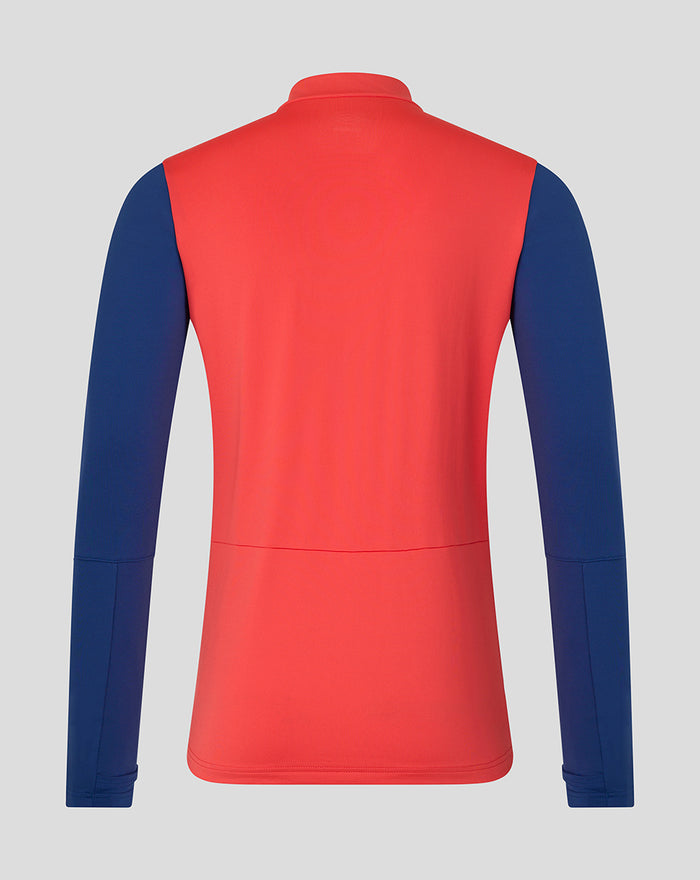 Back view of Rangers FC training jacket in cayenne red with navy sleeves