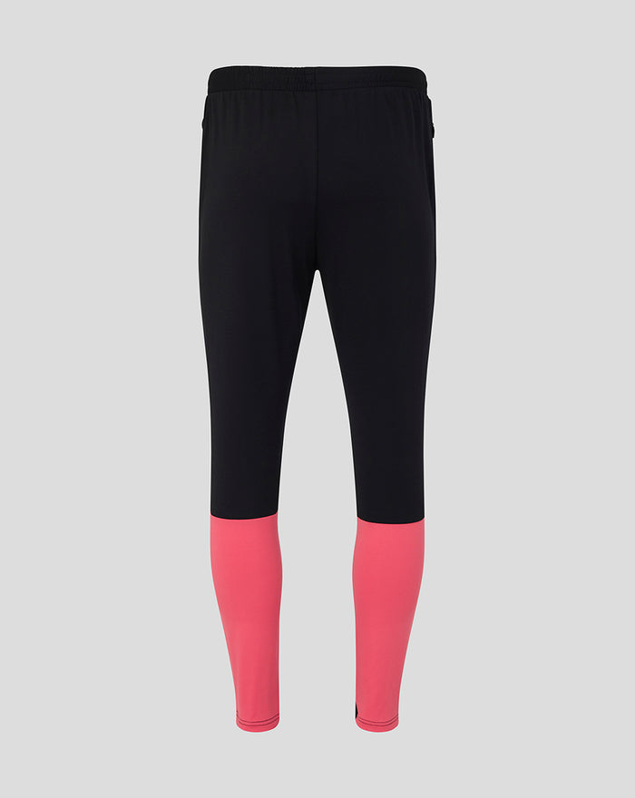 Back view of black Rangers FC training pants with bright pink lower leg panels