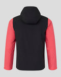 Back view of Rangers FC mens training shower jacket in navy with coral sleeves and hood.