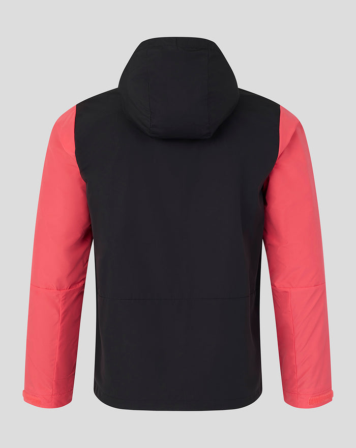Back view of Rangers FC mens training shower jacket in navy with coral sleeves and hood.