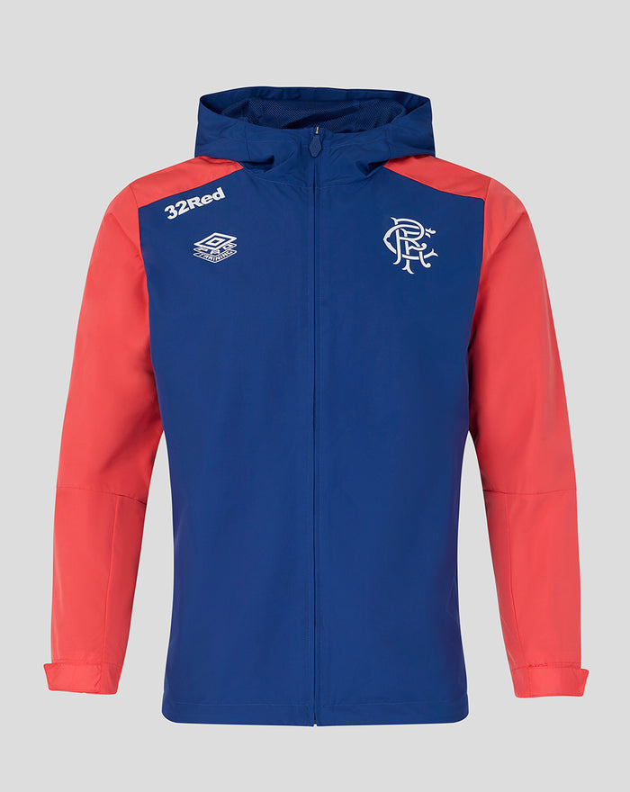 Front view of Rangers twilight blue training shower jacket with coral sleeves and hood, crest and sponsor logos