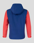 Back view of Rangers FC Pro Training Shower Jacket in twilight blue with red sleeves and a hood.