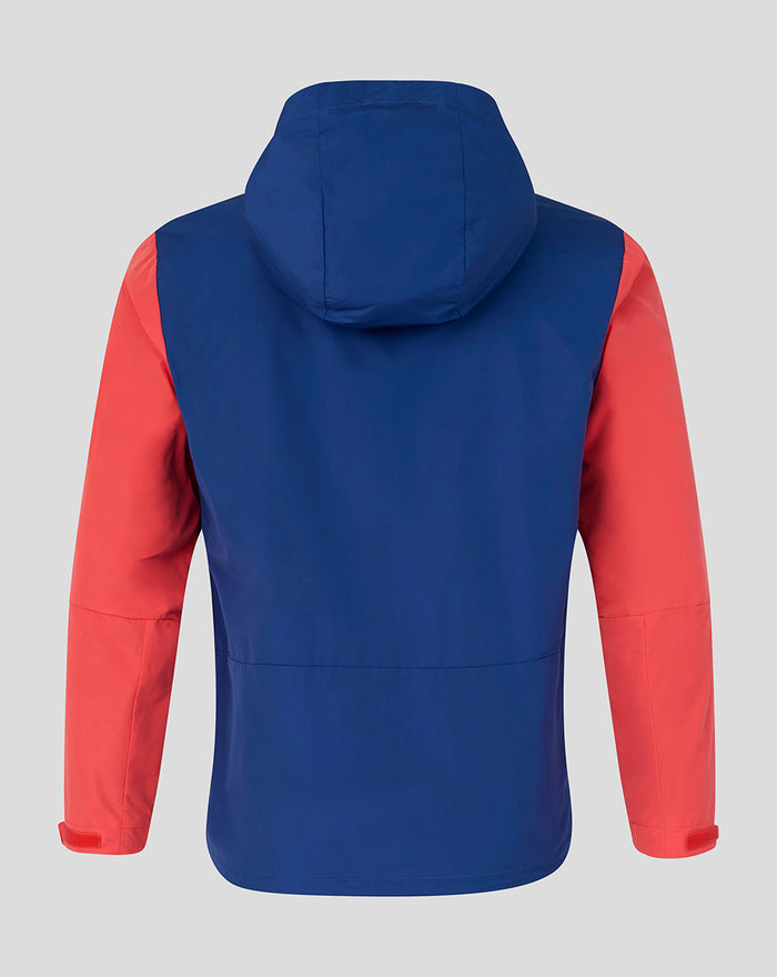 Back view of Rangers FC Pro Training Shower Jacket in twilight blue with red sleeves and a hood.