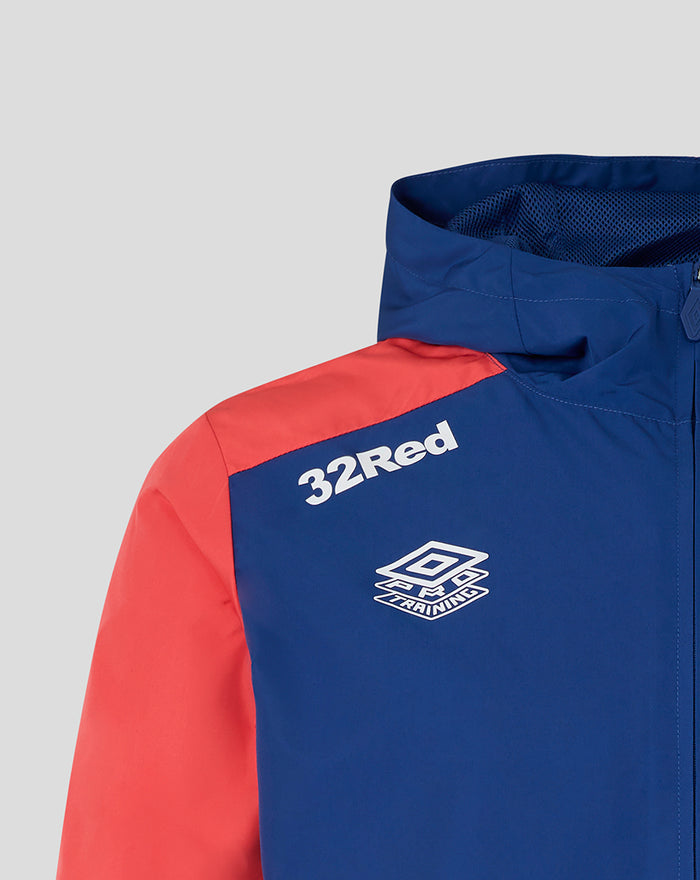 Close up of twilight blue Rangers training jacket showing 32Red sponsor and Umbro training logo on the chest area