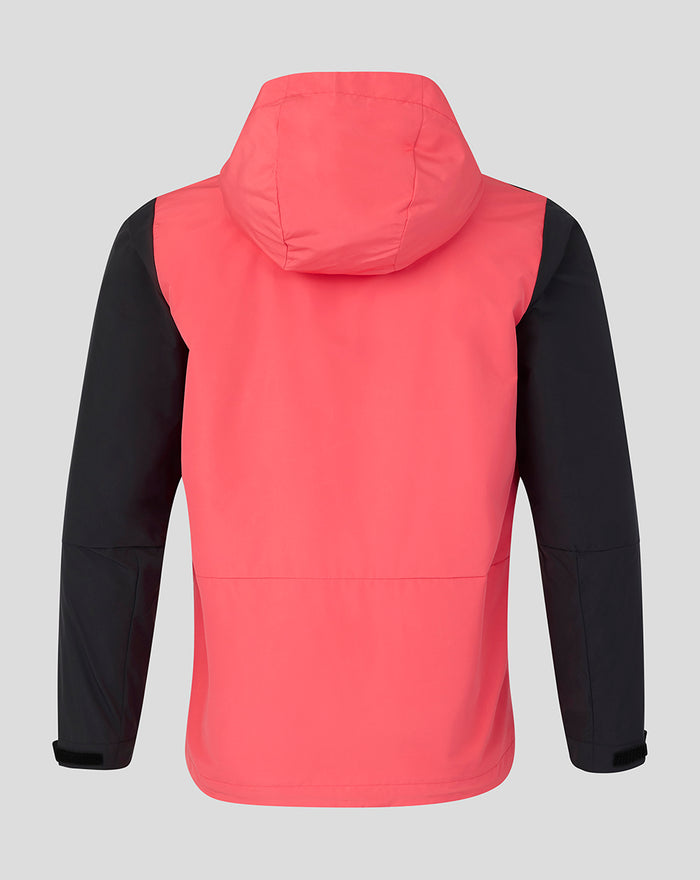 Back view of Calypso Coral Rangers FC training shower jacket with black sleeves and hood.