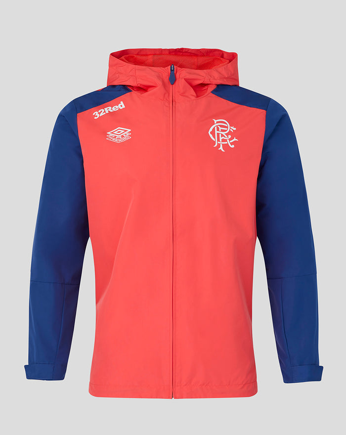 Front view of Rangers FC 2026/27 pro training shower jacket in cayenne red with blue sleeves and hood