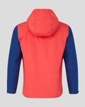 Back view of Rangers FC mens 2026/27 Pro Training Shower Jacket in cayenne red with blue sleeves and hood.
