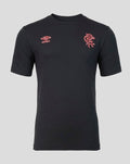 Front view of black Rangers FC 2026/27 presentation T shirt with coral crest on the right chest and coral Umbro logo on the left.