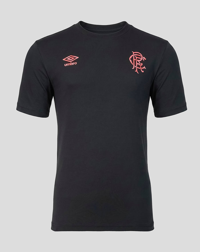 Front view of black Rangers FC 2026/27 presentation T shirt with coral crest on the right chest and coral Umbro logo on the left.