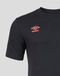Close up of the chest area featuring coral Umbro logo on black Rangers FC presentation T shirt.