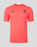 Front view of coral Rangers FC men's 2026/27 presentation T-shirt with Umbro logo on the right chest and club crest on the left.