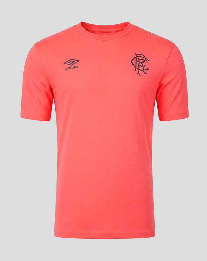 Front view of coral Rangers FC men's 2026/27 presentation T-shirt with Umbro logo on the right chest and club crest on the left.