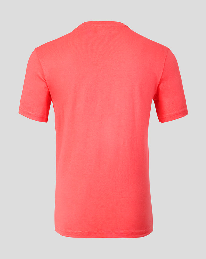 Back view of coral Rangers FC men's 2026/27 presentation T-shirt.