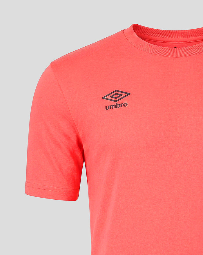 Close-up of coral Rangers FC T-shirt chest area featuring the Umbro logo.