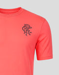 Rangers FC men's 2026/27 presentation T shirt in Calypso Coral with a black crest on the chest.