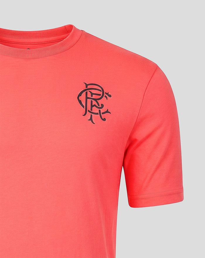 Rangers FC men's 2026/27 presentation T shirt in Calypso Coral with a black crest on the chest.