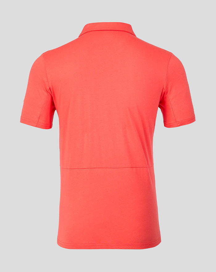Back view of coral Rangers FC 2026/27 presentation polo with classic collar and clean tailored fit
