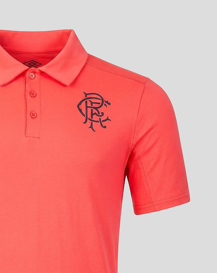 Calypso coral Rangers FC polo with collar and left chest crest.