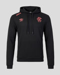 Front view of a black Rangers FC presentation hoodie with coral logos and a kangaroo pocket.