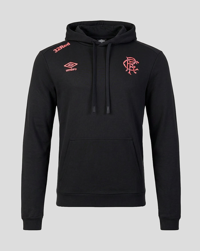 Front view of a black Rangers FC presentation hoodie with coral logos and a kangaroo pocket.