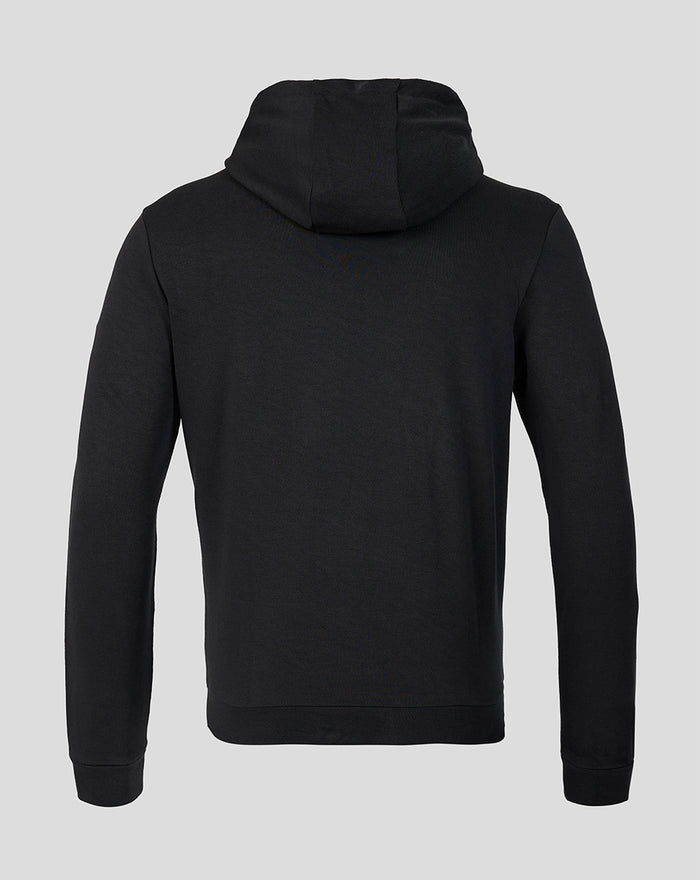 Back view of the black Rangers FC presentation hoodie with a structured hood.