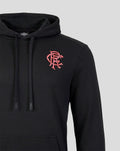 Rangers FC black hoodie close up of coral crest logo on left chest with drawstring hood
