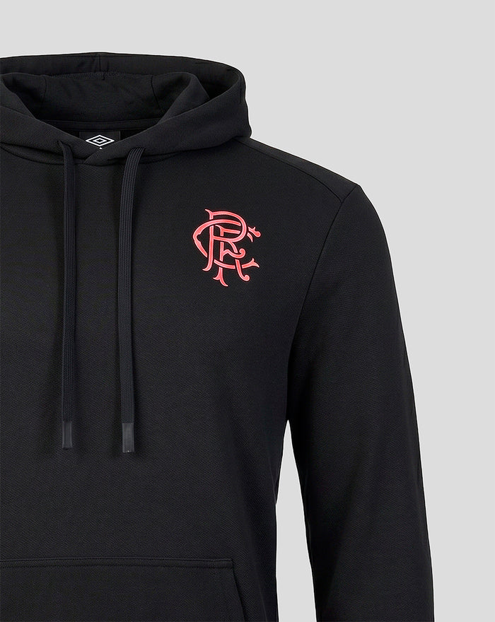 Rangers FC black hoodie close up of coral crest logo on left chest with drawstring hood