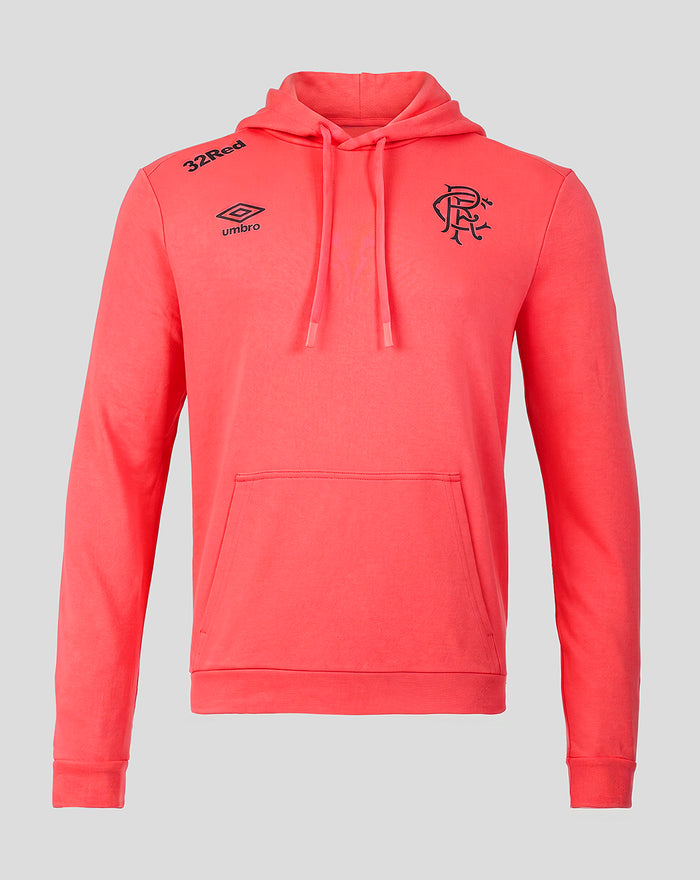 Calypso coral Rangers FC men's presentation hoodie with black crest on chest and front kangaroo pocket.