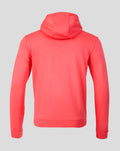 Back view of coral Rangers FC men's presentation hoodie showing its structured hood.