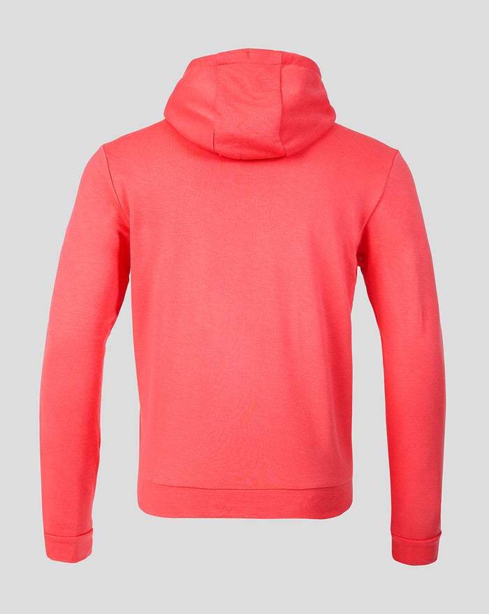 Back view of coral Rangers FC men's presentation hoodie showing its structured hood.
