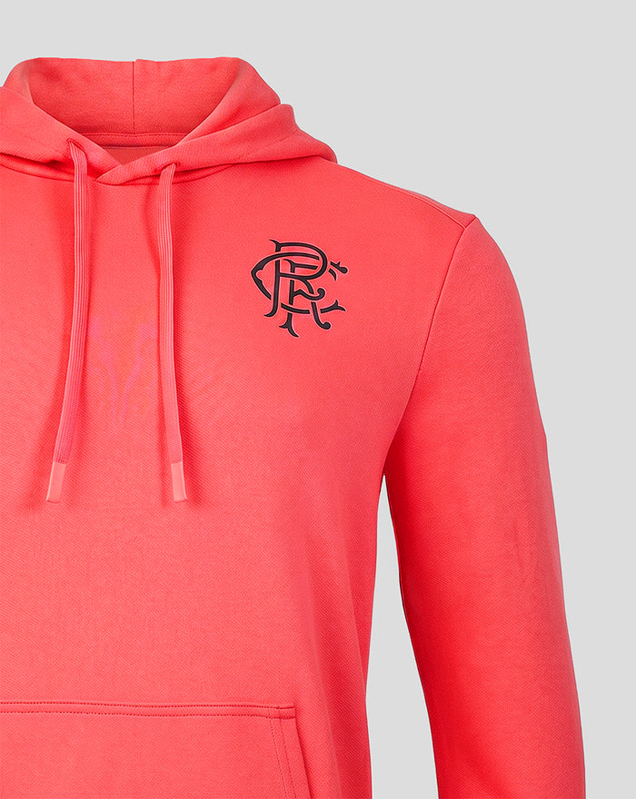 Calypso coral Rangers FC men's 2026/27 presentation hoodie with crest and 32Red sponsor
