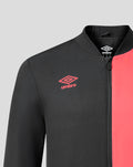 Close-up of black chest panel with coral Umbro logo on the Rangers jacket