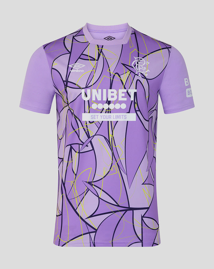 Front view of purple Rangers mens 2026/27 third goalkeeper shirt with abstract graphic and Unibet sponsorship
