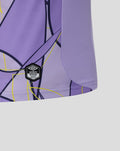 Close up of lavender Rangers third goalkeeper shirt sleeve featuring abstract red pattern and hem detail.