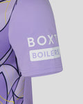 Close up of lavender Rangers third goalkeeper shirt sleeve with bold geometric graphics and sponsor patch.