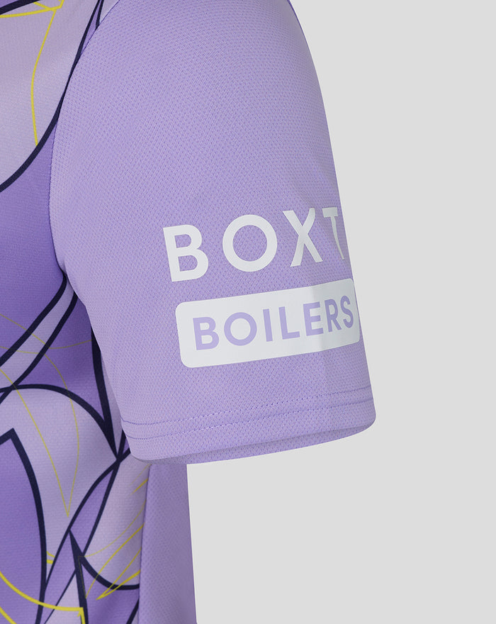 Close up of lavender Rangers third goalkeeper shirt sleeve with bold geometric graphics and sponsor patch.