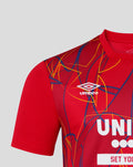 Shoulder close-up of red Rangers away goalkeeper shirt with Umbro logo and abstract pattern