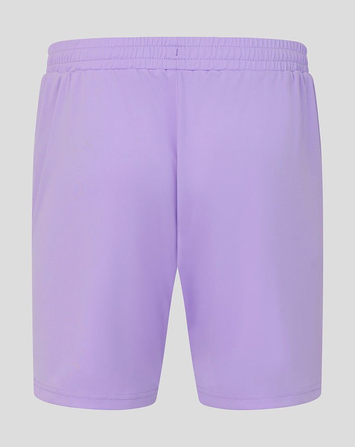 Lavender Rangers FC third goalkeeper shorts with elastic waistband on a light gray background