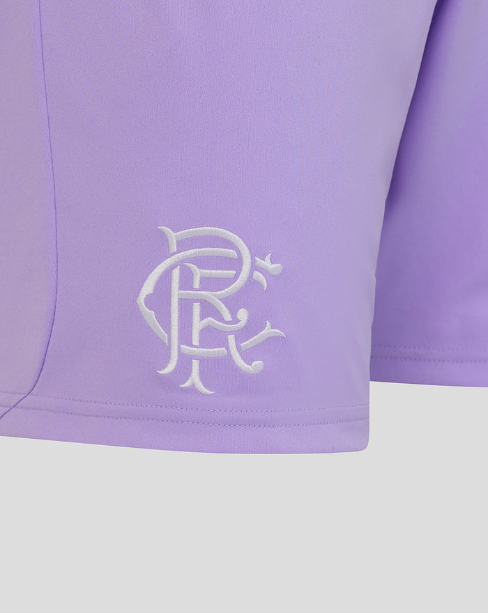 Close up of lavender Rangers FC third goalkeeper shorts with stitched white crest on the right leg