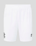 Front view of white Rangers goalkeeper shorts with crest on left leg and Umbro logo on right leg