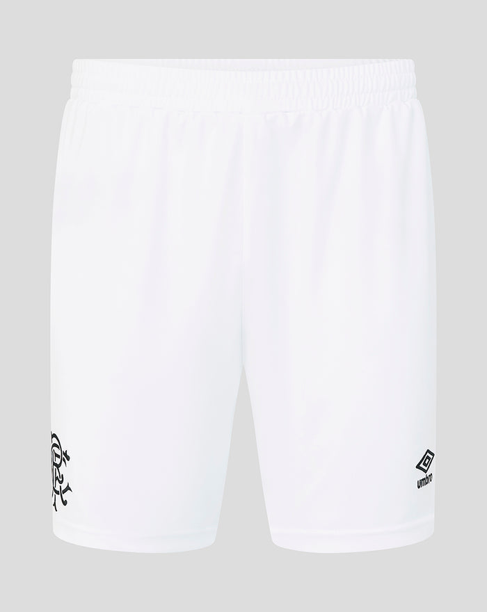 Front view of white Rangers goalkeeper shorts with crest on left leg and Umbro logo on right leg