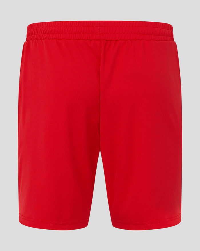 Back view of red Rangers away goalkeeper shorts with elastic waistband and drawcord