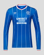 Front view of blue Rangers home long sleeve shirt with vertical pinstripes, crest, Umbro logo and Unibet sponsor