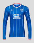 Front view of blue Rangers home long sleeve shirt with vertical pinstripes, crest, Umbro logo and Unibet sponsor