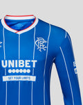 Royal blue Rangers home shirt close up showing the club crest on the chest and UNIBET sponsor.