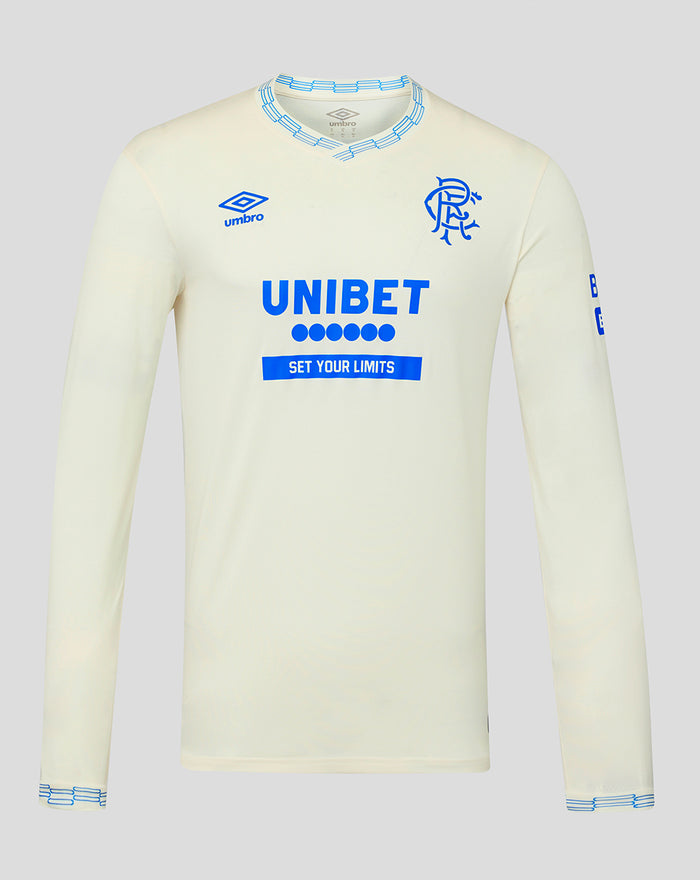Off white Rangers away long sleeve shirt with blue crest on chest and UNIBET front logo.