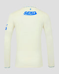 Back view of off white Rangers away shirt with large blue SEKO logo across upper back and small crest at neckline.